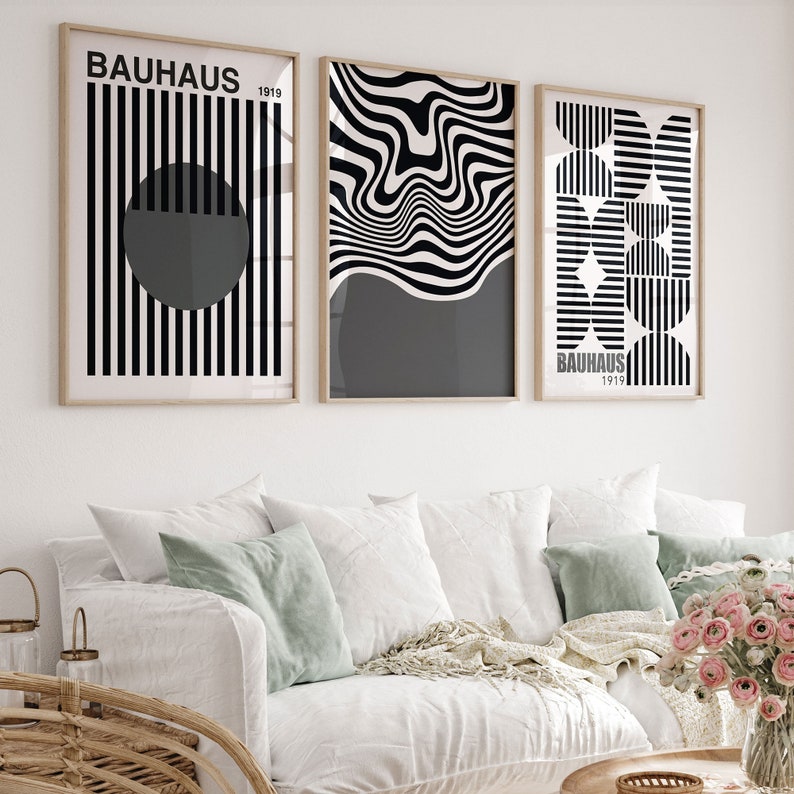 Bauhaus Black and White Gray Set of 3 Poster Prints Wall Art Digital ...