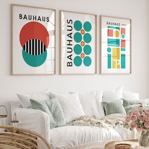Bauhaus Geometric Exhibition Colorful Mid-Century Modern Wall Art Set of 3 Digital Downloadable Printable Poster Prints