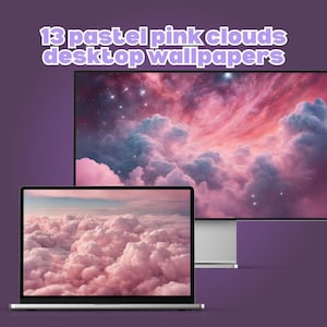 Puede incluir: Dos pantallas de ordenador que muestran imágenes de nubes rosas. La pantalla superior muestra una nebulosa rosa y azul con estrellas. La pantalla inferior muestra un primer plano de nubes rosas esponjosas.