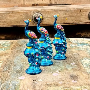 Blue Peacock Figurines – Set of 3 Handcrafted wooden peacock statue, Indian home decor traditional peacock art handmade peacock set