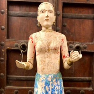 Wooden Goddess Gangaur Figurine, Old Painted Woman, Indian Ethnic Art, Hand Carved, Collectible Lady Art, One of a Kind, Home Decor, Gifts