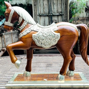 Wooden Horse Statue with German Silver Work, Decorative Horse Figurine, Vintage Style Home Decor Handmade Indian Folk Art Equestrian Gift
