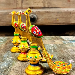 Yellow Peacock Figurines – Set of 3  Handcrafted yellow peacock, decorative peacock, wooden peacock home decor folk art decor traditional