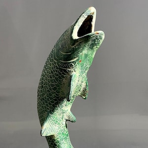 Painted Fish Statue, Hand Carved Brass, Decorative Fish Statue, Fish Lover, Brass Carving, Green Color Sculpture, Brass Fish, Garden Decor