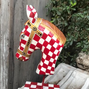 Red Chess Painted Horse, Old Carved Wooden Horse Bracket on Stand Statue, Old Art Piece, Animal Sculpture, Horse Lover Gift, Indian Decor