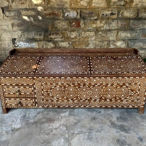 Antieke handgemaakte met been ingelegde teakhout decoratieve kofferbak / opbergdoos, Vaderdagcadeau, Grote kist, 2 lades, opbergkoffer