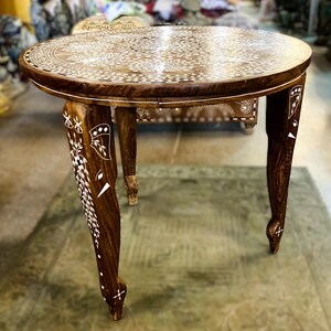 Camel Bone inlay furniture, Vanity Small Table, Dancing Peacock Craved Table, Handmade Coffee Table, Bone Inlaid Coffee Table, Round Table