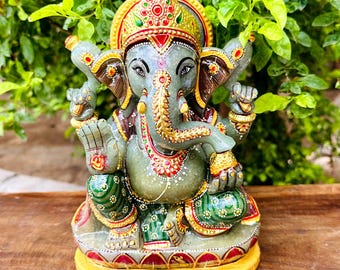 Seated Ganesha Statue/Green Jade Stone/Symbol of Wisdom New Beginnings/Puja Meditation Decor/Home Decor Gift
