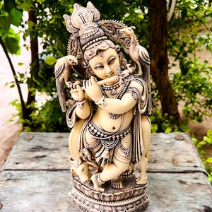 Standing Krishna Statue Marble Dust Murti with Flute, Cow & Peacock, Spiritual Home Decor, Divine Hindu Idol Divine Krishna Figurine