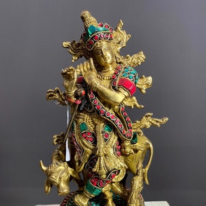 Brass stonework Krishna Statue with Cow, Decorative Krishna statue, God of love, Lord Krishna Figurine, Home Décor, Indian God, Gift for Her
