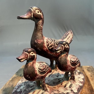 Pair of 3 Duck Figurine, Red Decorative Duck Sculpture, Garden Decor, Painted Duck, Rustical Duck, Hand craved Bronze Duck, Elegant Duck