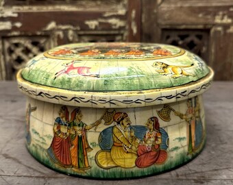 Rajasthan Beautiful Hand Painted Bone Box | Handcrafted Trinket Box of Camel Bone | Mughal Era Art Painted Jewelry Box | Round Storage Box
