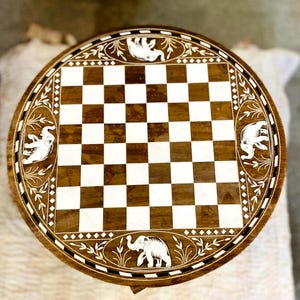 Chess Bone Inlay Table, Round Table, Camel Bone inlay furniture, Vanity Small Table, Chess Craved Table, Handmade Bone Inlay Coffee Table