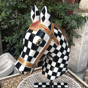 Black Chess Painted Horse, Old Carved Wooden Horse Bracket on Stand Statue, Old Art Piece, Animal Sculpture, Horse Lover Gift, Indian Decor