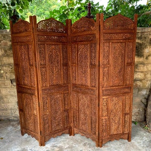 Vintage Royal Palace&#39;s Flora Sheesham Wood Room Divider, 4 Panel Wooden Room Divider, Folding Panel, Wall Divider, Decorative Room Separator