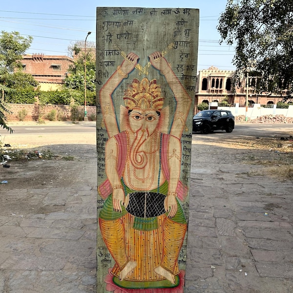 Stary zabytkowy panel Ganesh, indyjski panel ścienny z bogiem, panel Ganpati, drewniana dekoracja ścienna, sztuka ścienna boho, drewniany panel dekoracyjny ścienny, indyjska sztuka ścienna
