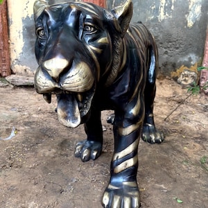 Brass Tiger Statue, Tiger statue, large sculpture, black and gold, Home Decor, wildlife animal, handmade tiger, big cat sculpture