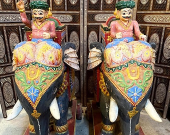 Vintage Painted Elephant With Riders on Wheels, Collectible Art