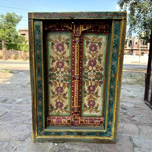Old Handmade Vintage Window Wall Decor, Carved Painted Wooden Window, Asian Style Floral Window, Bohemian Decor, Wall Hanging Window Gifts