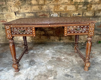 Sheesham Wood Study Table with Drawer Storage, Wooden Carved Bone Inlay Study Table/Office Table, Computer Desk for Home Office Living Room