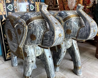 Wooden Carved Elephant Statue with Golden Work, Animal Sculpture, Indian Handicraft, Gifts for Art Lovers, Home Decor, Statue for Good Luck