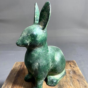 Rare Statue, Green Decorative Rabbit Sculpture, Garden Decor, Painted Rabbit, Rustical Rabbit Without Eyes, Bronze Rabbit, Wildlife Animal