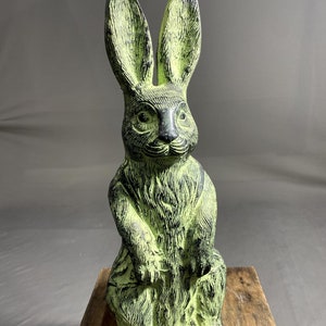 Green Decorative Rabbit Sculpture, Garden Decor, Painted Rabbit, Rustical Rabbit, Bronze Hand craved Rabbit, Wildlife Animal, Rare Statue