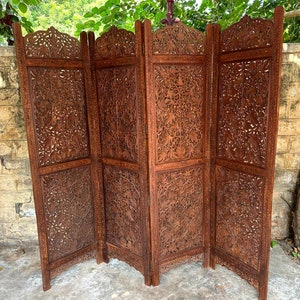 Chinese Queen Style Sheesham Wood Room Divider, 4 Panel Wooden Room Divider, Decorative Room Separator, Standing Folding Panel, Wall Divider