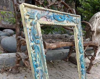 Reclaimed wooden Mirror in Antique Blue Finish, Wall Mount Art, Hand Carved, Rustic Farmhouse Mirror Frame, Bathroom Mirror, Dressing Mirror