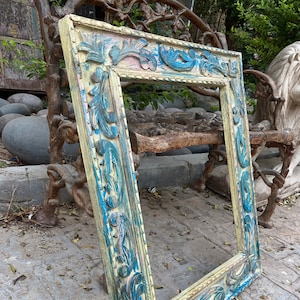 Reclaimed wooden Mirror in Antique Blue Finish, Wall Mount Art, Hand Carved, Rustic Farmhouse Mirror Frame, Bathroom Mirror, Dressing Mirror