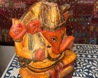 Handcrafted Wooden Ganesha Statue, Hand Painted Idol Figurine, House warming gift, Ganesha Idol, Statue For Home Decor, Good Luck Gift