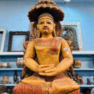 Hand Carved Wooden Lord Buddha, Hand Painted Buddha Statue, Buddhism Religion, Sitting Buddha, Meditating Pose, Handcrafted Old Buddha Idol