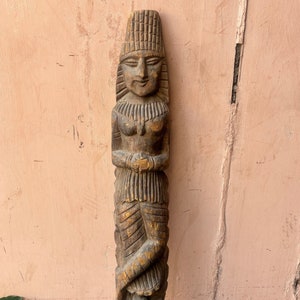 Tribal Lady Figurine, Vintage Carved Tribal Goddess Statue, Temple Art, Wooden Decorative Goddess Idol, Indian Handicrafts, Rare,Collectible