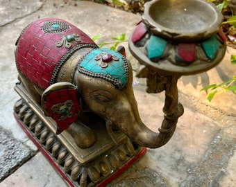 Brass Elephant Candle Statue With Stonework, Oil Lamp Stand, Good Fortune Gift, Brass Animals, Elephant Decor, Indian Handicrafts,Home Decor