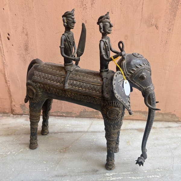 Bronze Elephant Riding 2 Man Statue, African Art Gift, Old Artpiece, Tribal Art, Dhokra Art, Ebony Figure, Elephant Sculpture, Home Decor