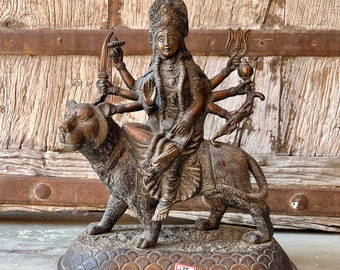 Hindu Goddess of protection, Bronze Decorative Maa Durga Sitting on Lion Statue, Goddess Mahakali, Parvati Goddess, Durga Idol, Strength