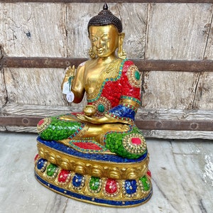 Multicolor Blessing Buddha, Spiritual Buddha Idol, Brass Lord Buddha Stonework Statue, Indian Decorative Buddha for Temple, Buddhism God