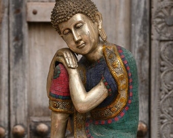 Messing Lord Buddha Steinarbeit Statue, indische Dekoration, Buddhismus Gott, ruhender Gautama Buddha für Tempel, Meditation Buddha, spirituelles Idol