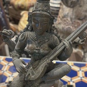 Antique Sarasvati figurine, Temple Décor, Brass Sarasvati Statue, Hindu goddess of Music, Knowledge & Wisdom, Sarasvati sitting idol