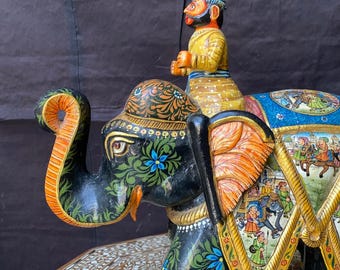 Mughal Era Hand Painted Elephant With Man Statue, Indian