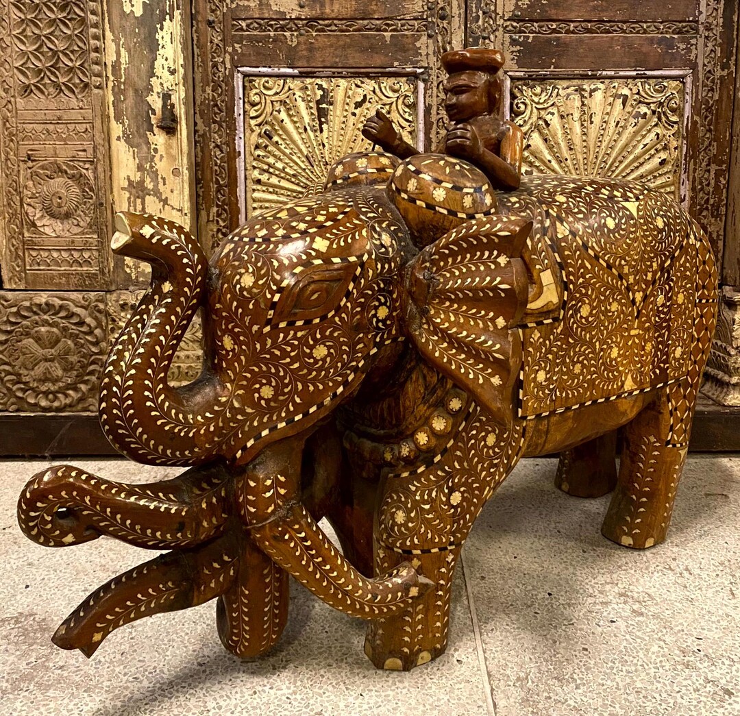 Old Wooden Elephant Riding Men Bone Inlaid Statue, African Art Gift ...