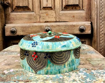Green Open Box, Turquoise Trinket Box, Mosaic Jewelry Box, Vintage