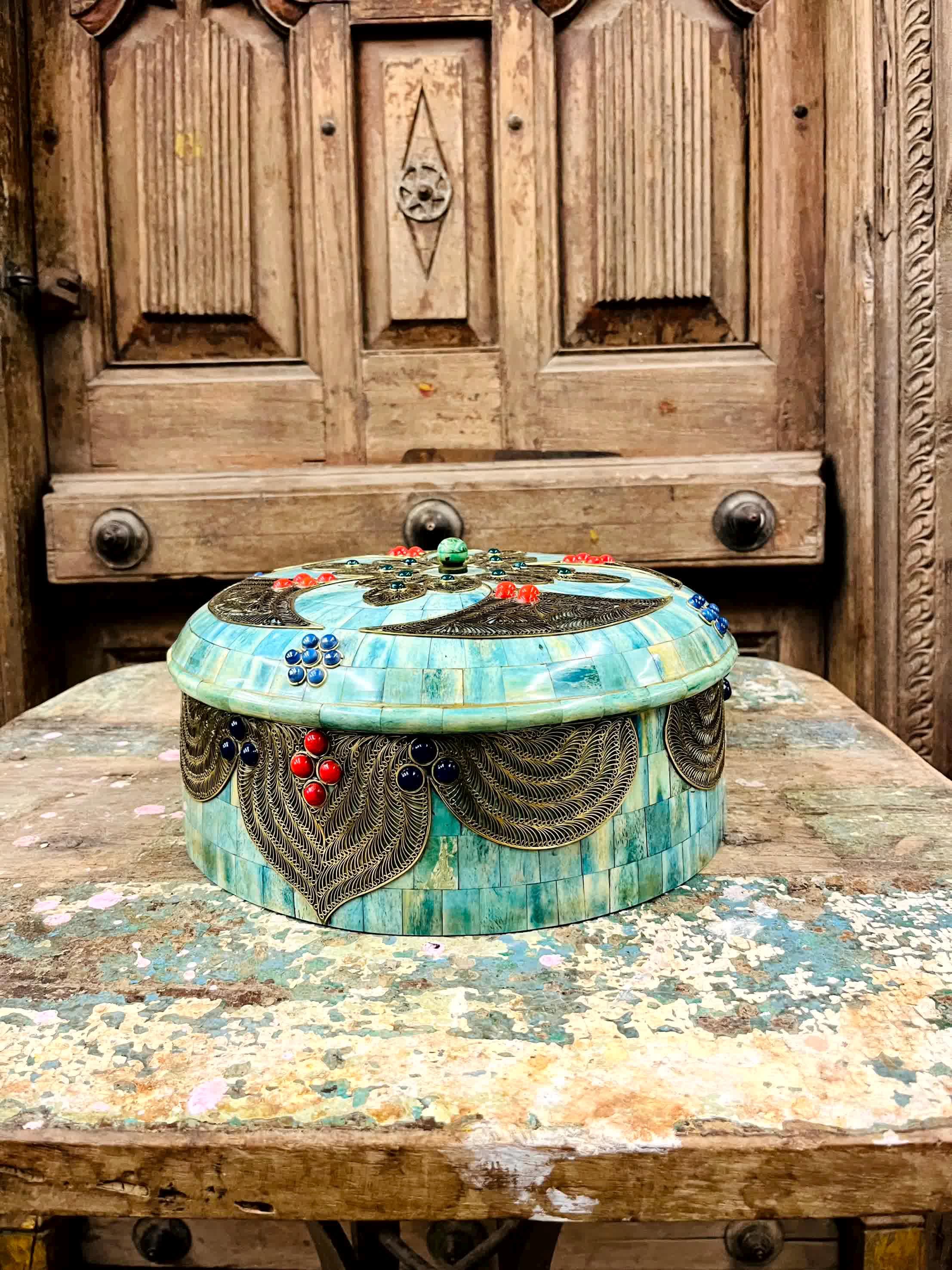 Green Open Box, Turquoise Trinket Box, Mosaic Jewelry Box, Vintage