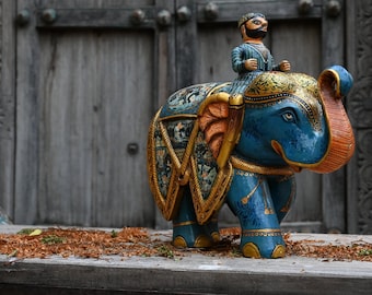 Mughal Era Hand Painted Elephant With Man Statue, Indian