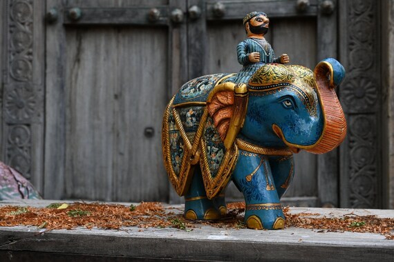 Mughal Era Hand Painted Elephant With Man Statue, Indian