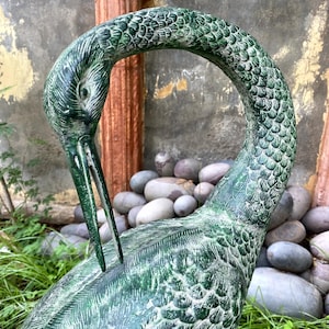 Animal Sculpture, Garden Decor, Standing Flamingo Bird, Wing Flamingo, Flamingo Sculpture, Brass Casting Green Painted Flamingo Statue