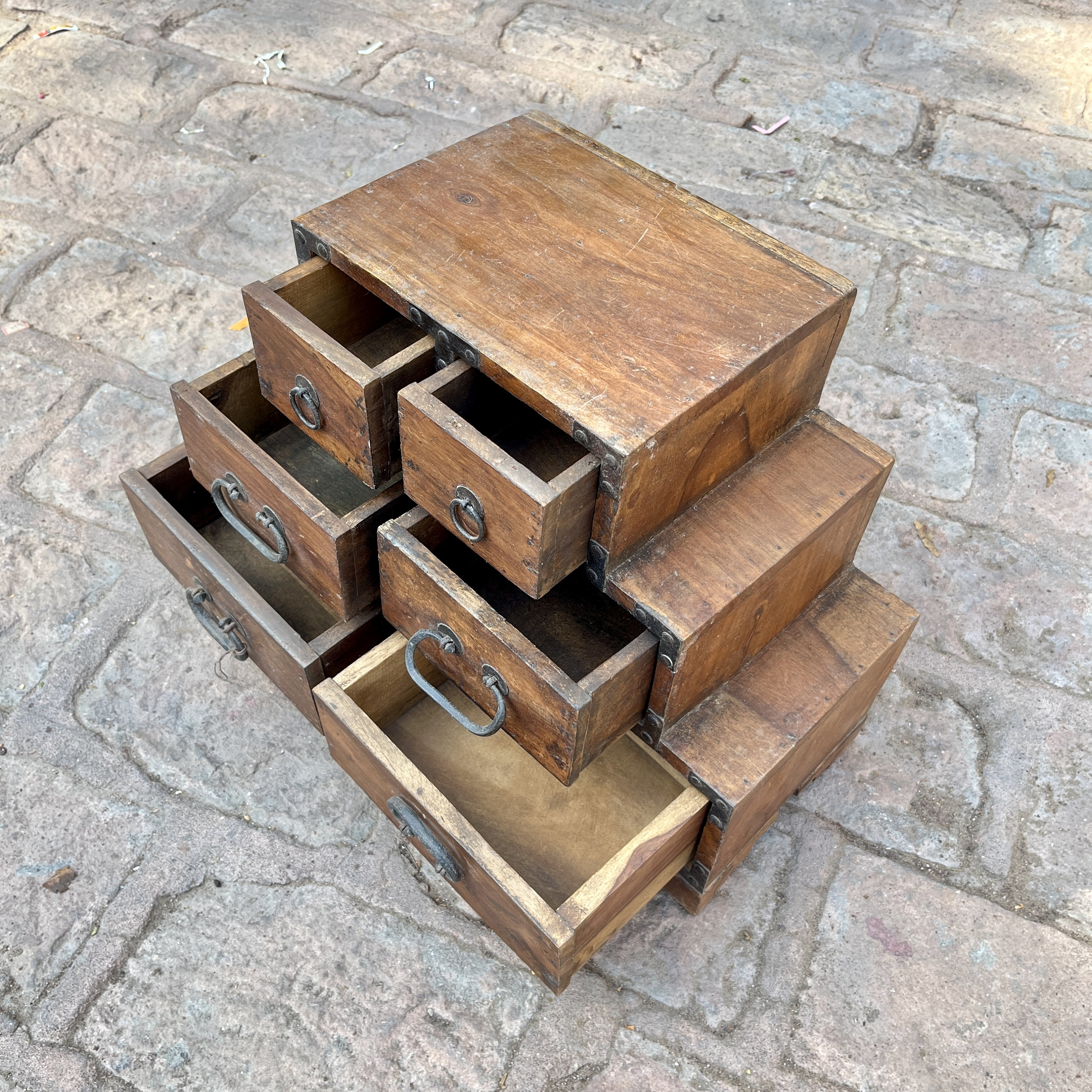 Pyramid Storage Box With Six Tabletop Drawers, Engraved Wood