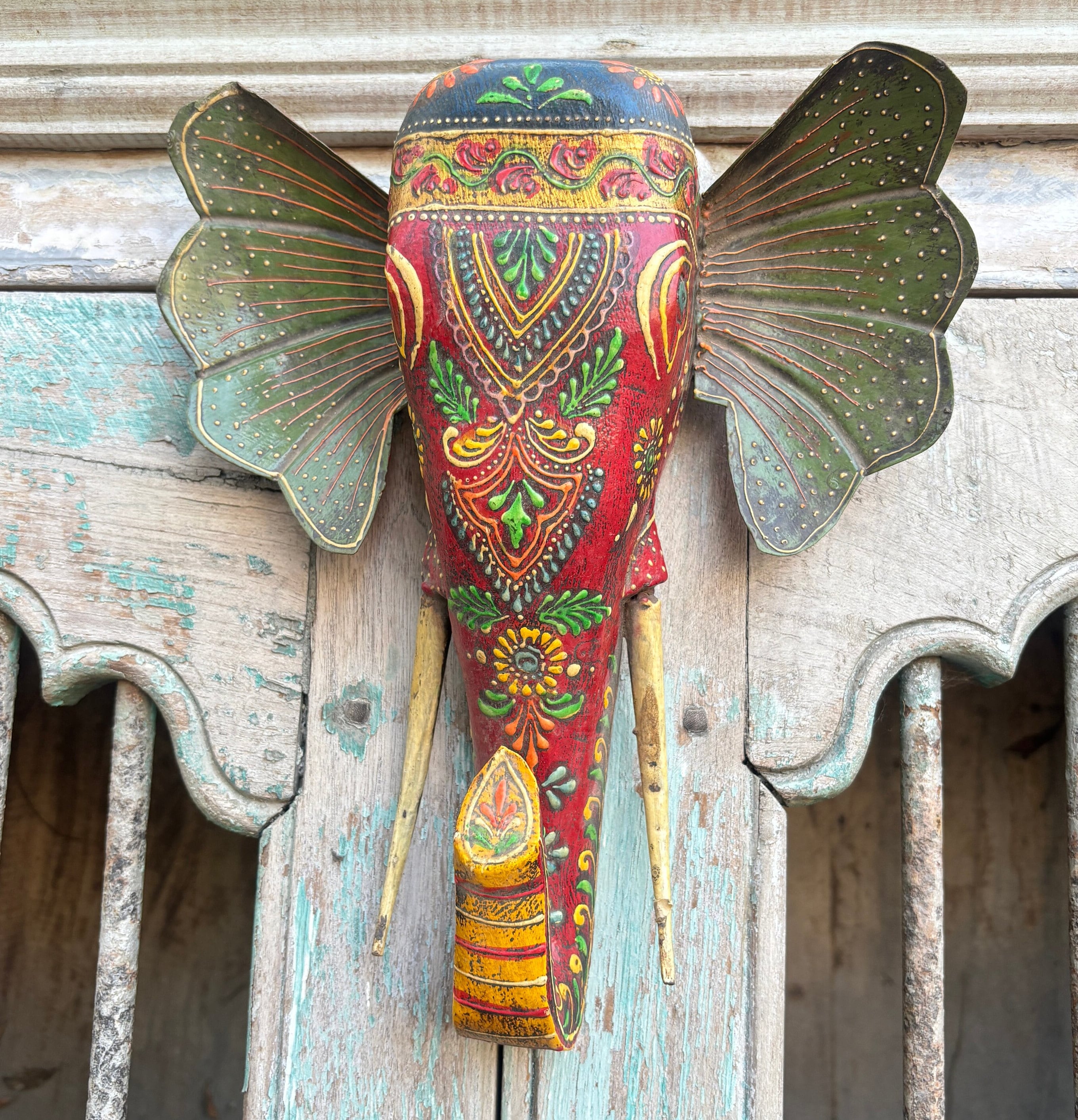 象の壁飾り、手刷りの木製象の頭像、壁掛け動物の顔、民族手工芸マスク