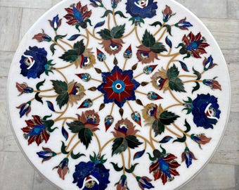 Plato con incrustaciones de mármol blanco con diseño floral de Pietra Dura, trabajo artesanal en mármol de Agra, decoración de mesa de mármol, incrustaciones de piedra de mármol blanco