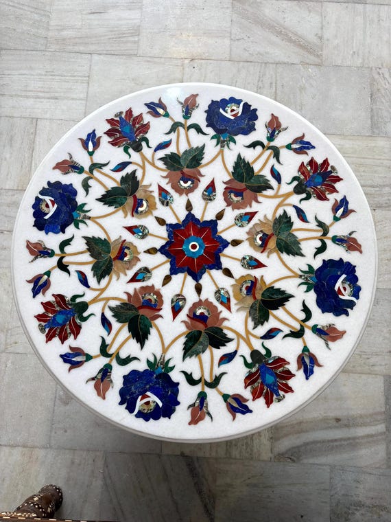 White Marble Inlay Plate with Floral Pietra Dura Design Handcrafted Agra Marble Work Marble Tabletop Décor White Marble Plat Stone Inlay